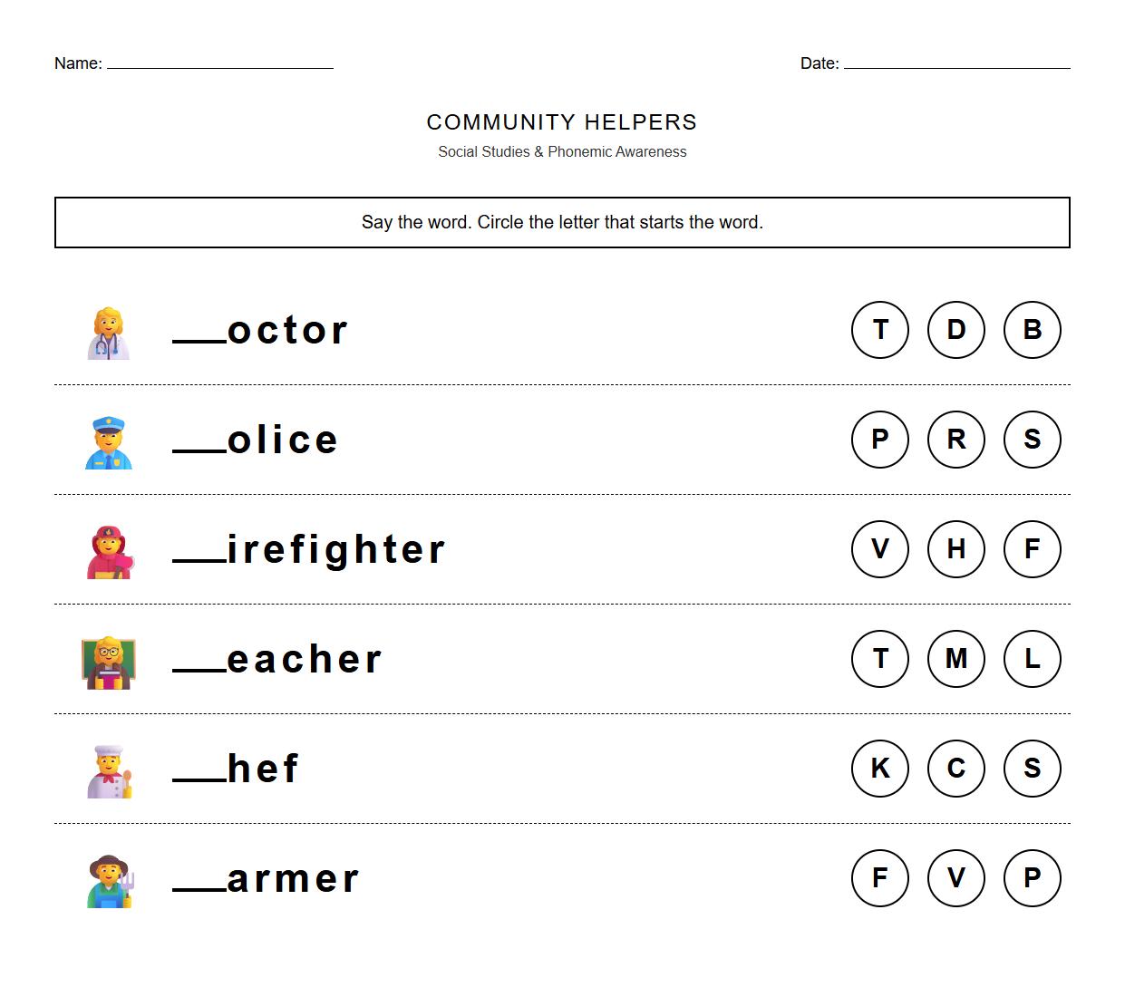 Occupation Category Phonemic Awareness Worksheet