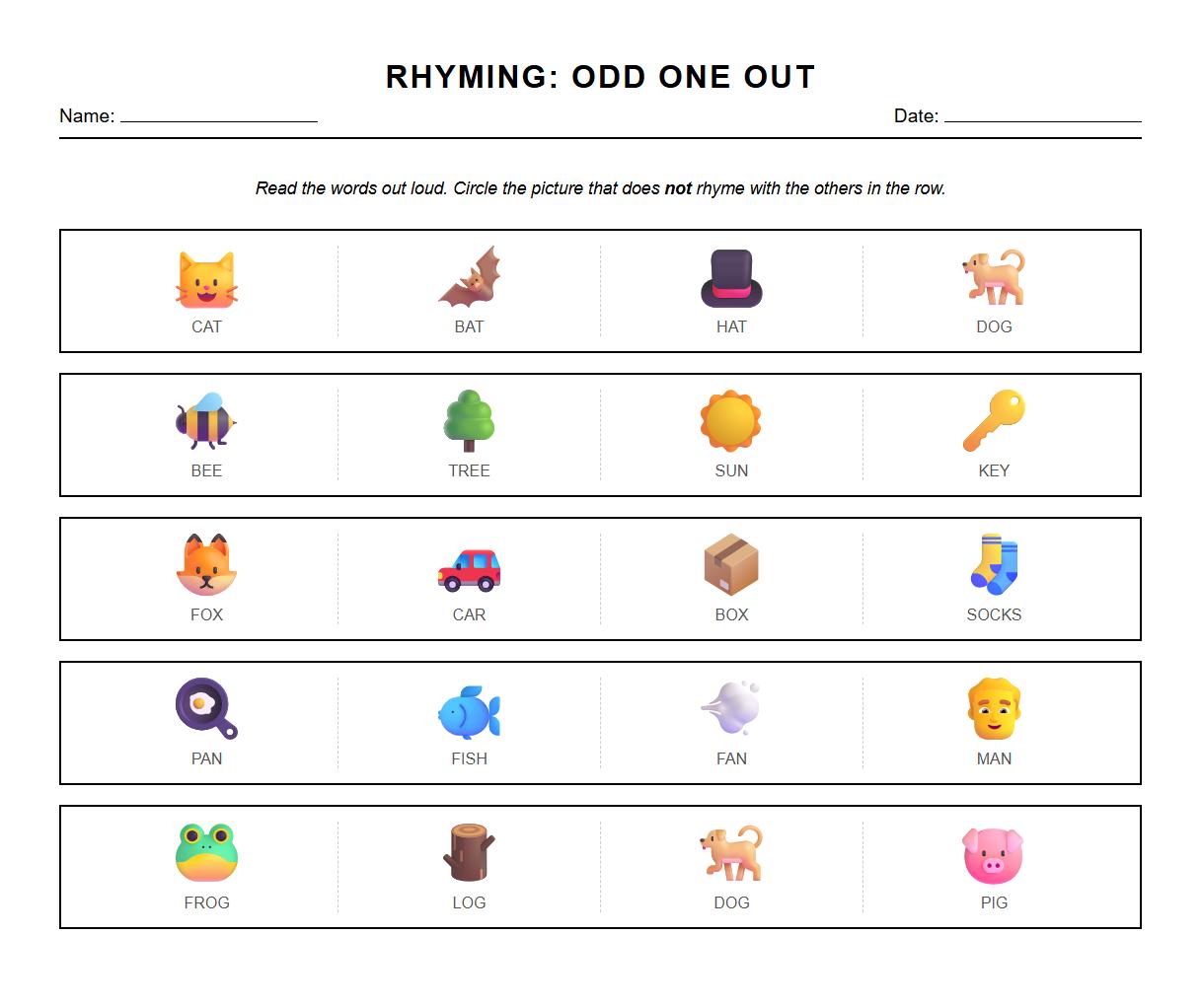Odd One Out Rhyming Word Identification