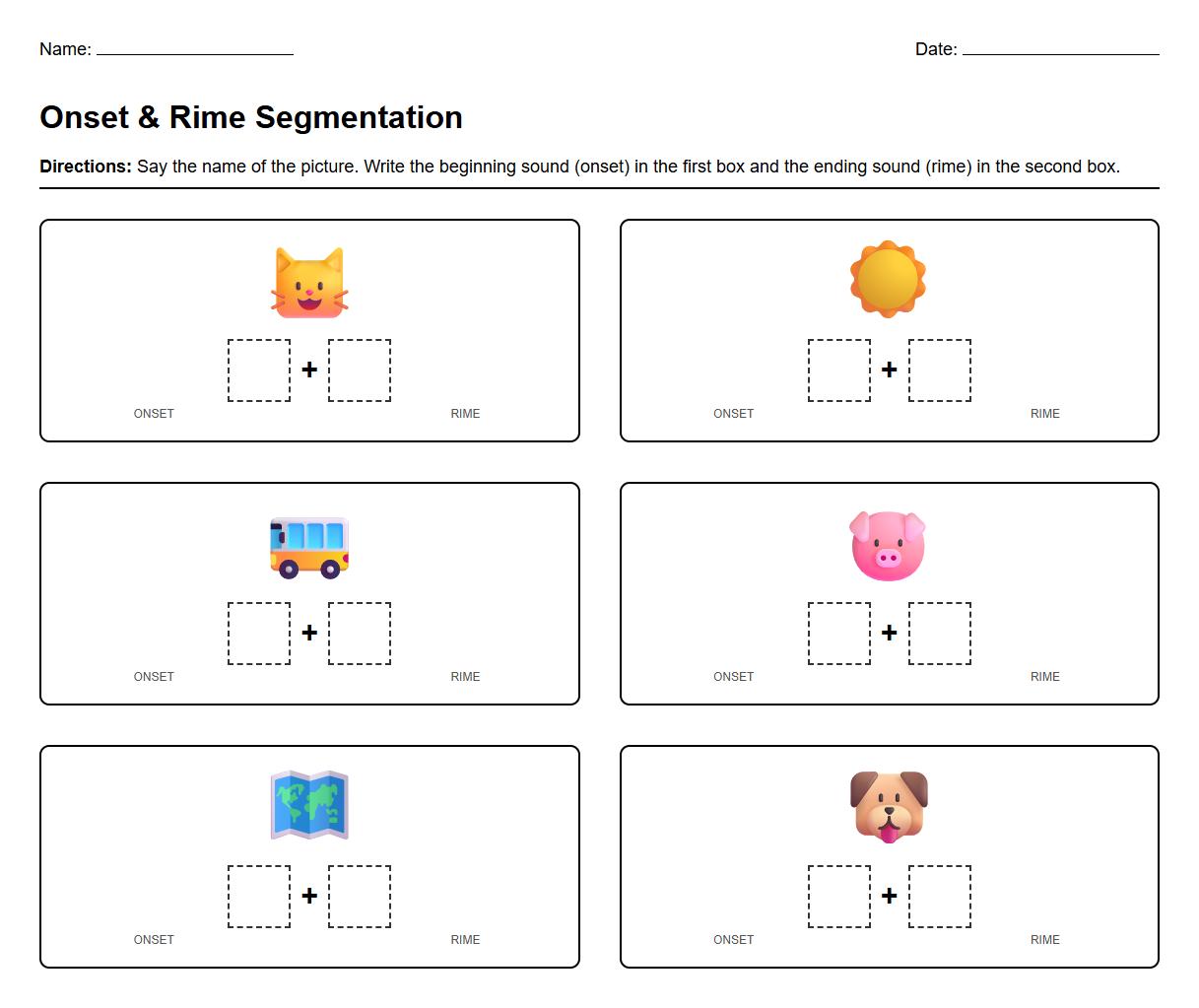 Onset and rime segmentation worksheets