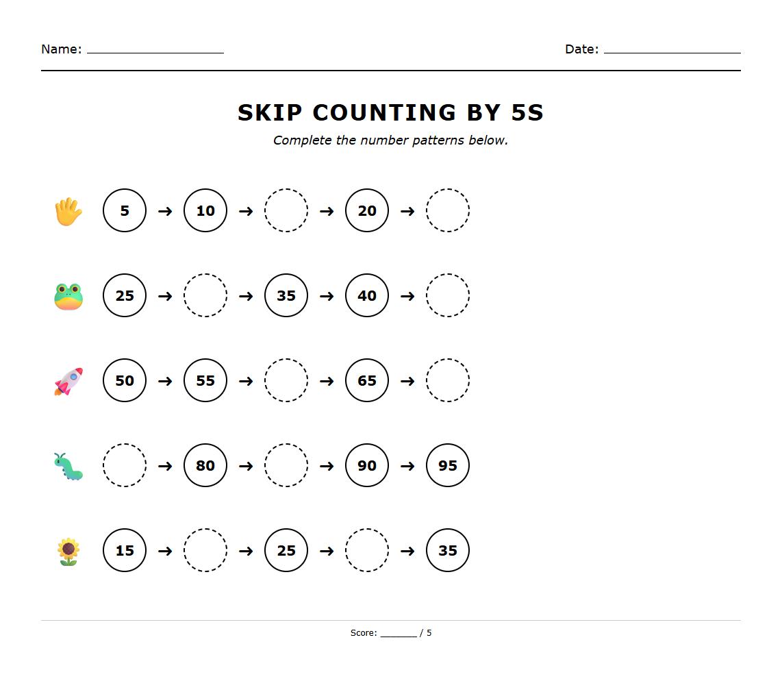 Pattern Recognition Skip Counting by 5s Worksheet