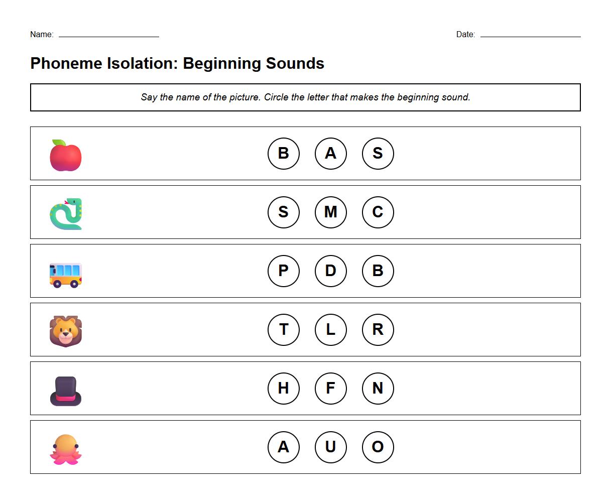 Phoneme Isolation Practice Page