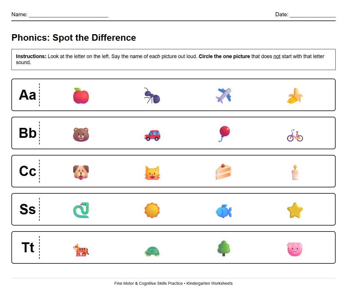 Phonics-based Spot the Difference Worksheet with Alphabet Objects