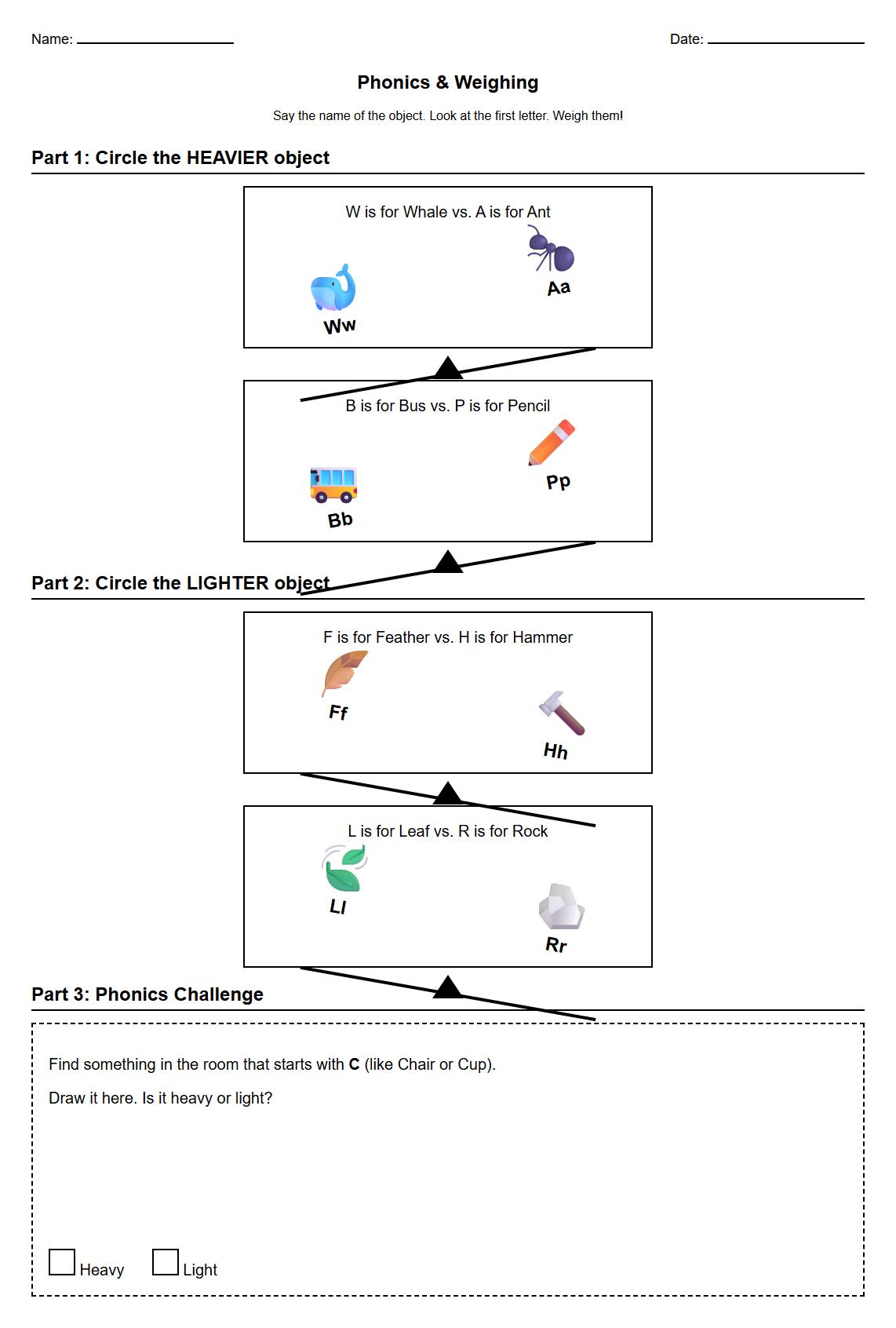 Phonics Based Weighing Objects Worksheet using Picture Cues