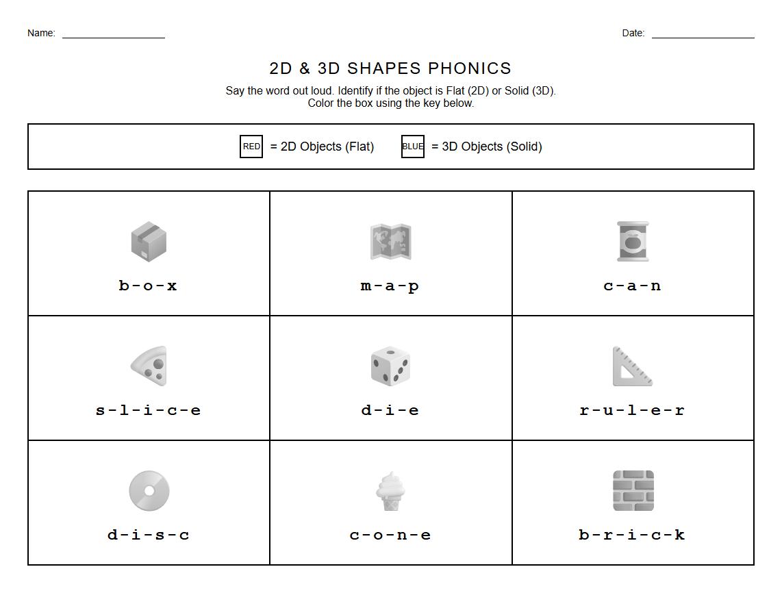 Phonics Color by Shape Worksheet for 2D and 3D Object Identification