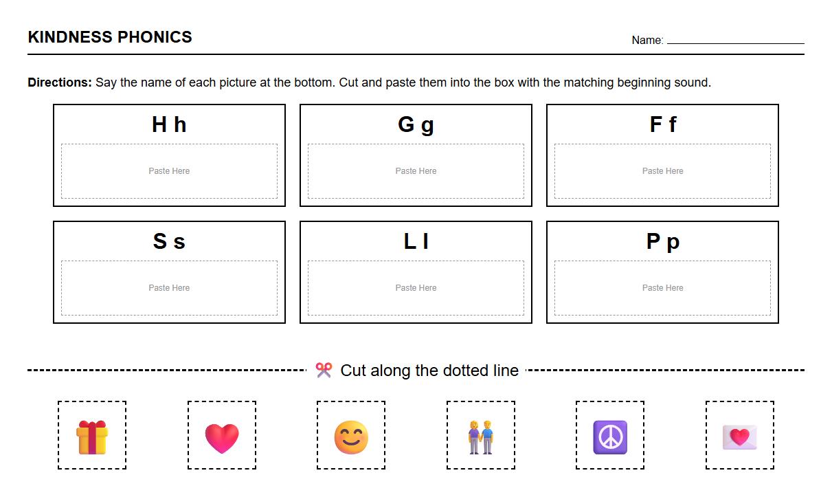 Phonics cut and paste activity targeting sharing and kindness