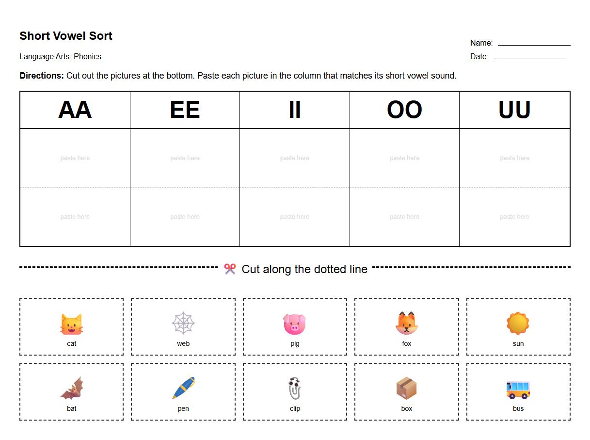 Phonics Cut and Paste Short Vowel Matching