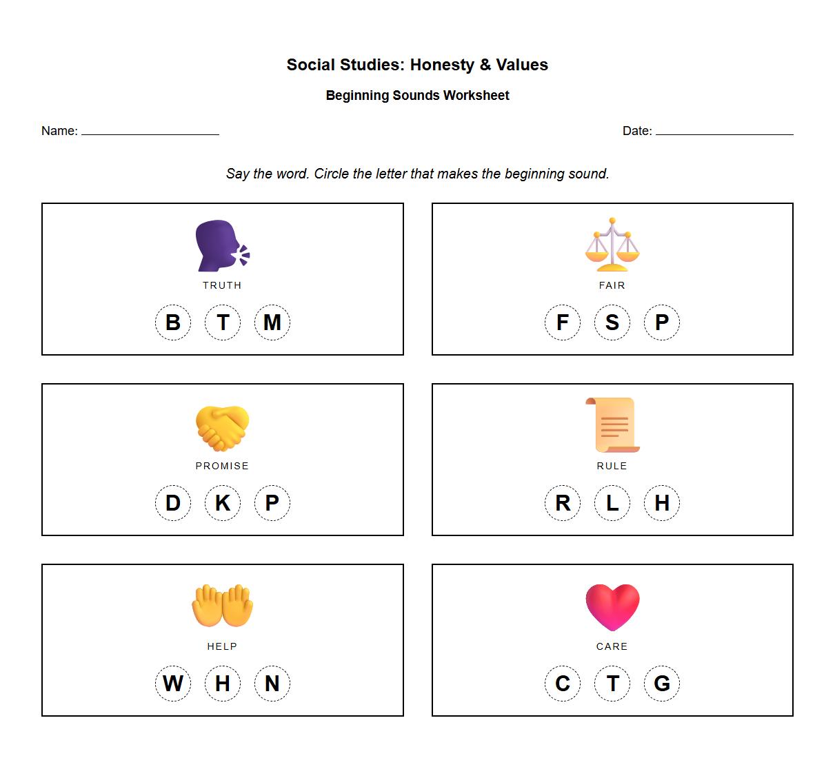 Phonics Initial Sound Identification Using Honesty Words Worksheet