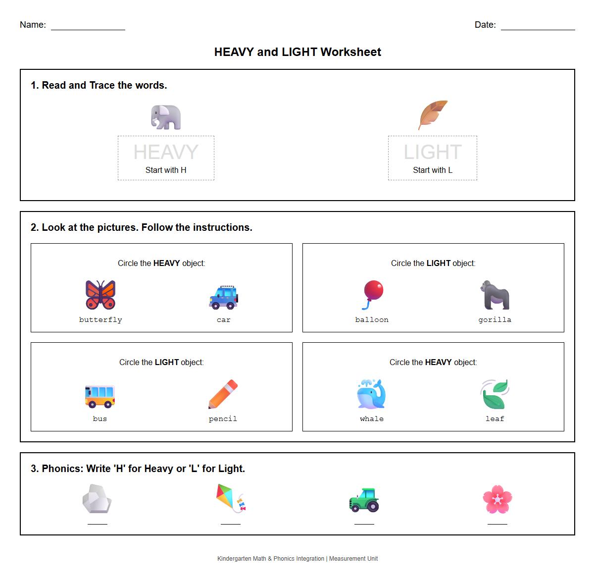 Phonics Integrated Worksheet Identify Heavy and Light
