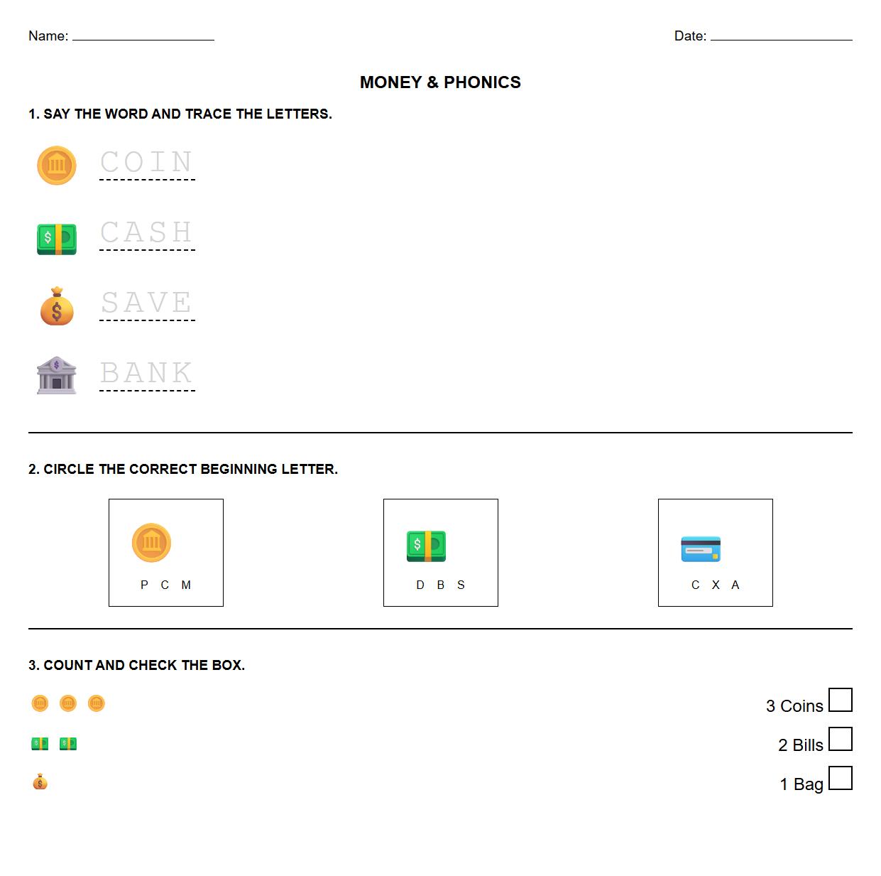 Phonics and Money Terms Vocabulary Worksheet