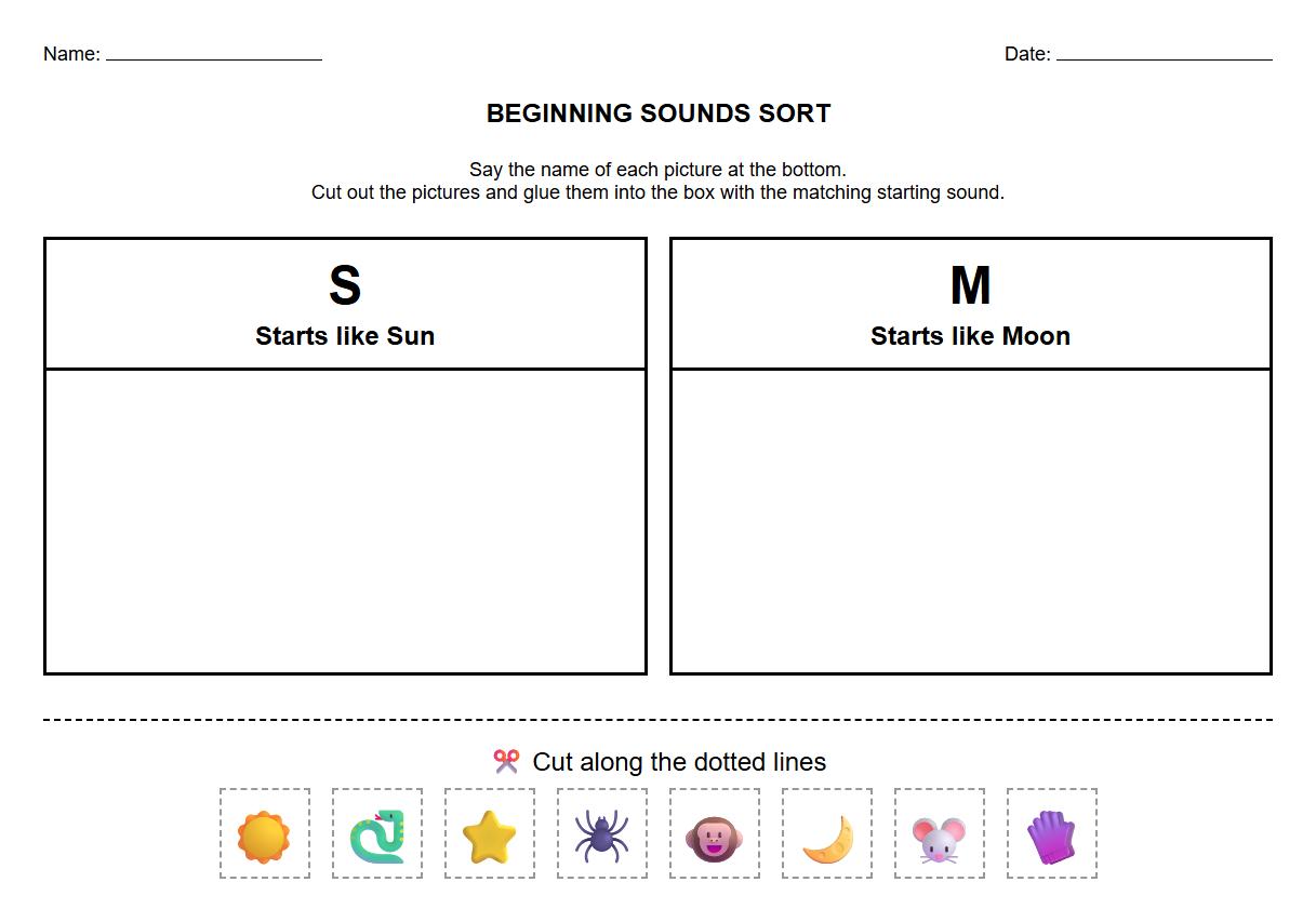 Phonics onset sound sorting task