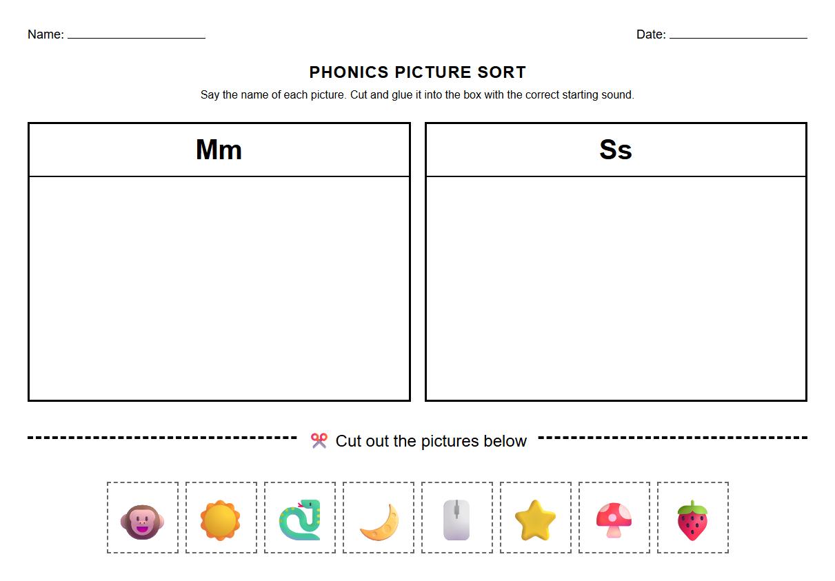 Phonics Picture Cut and Sort Worksheet