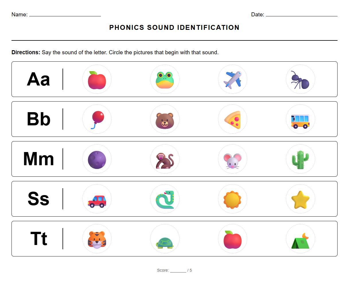 Phonics Sound Clipart Identification Sheet