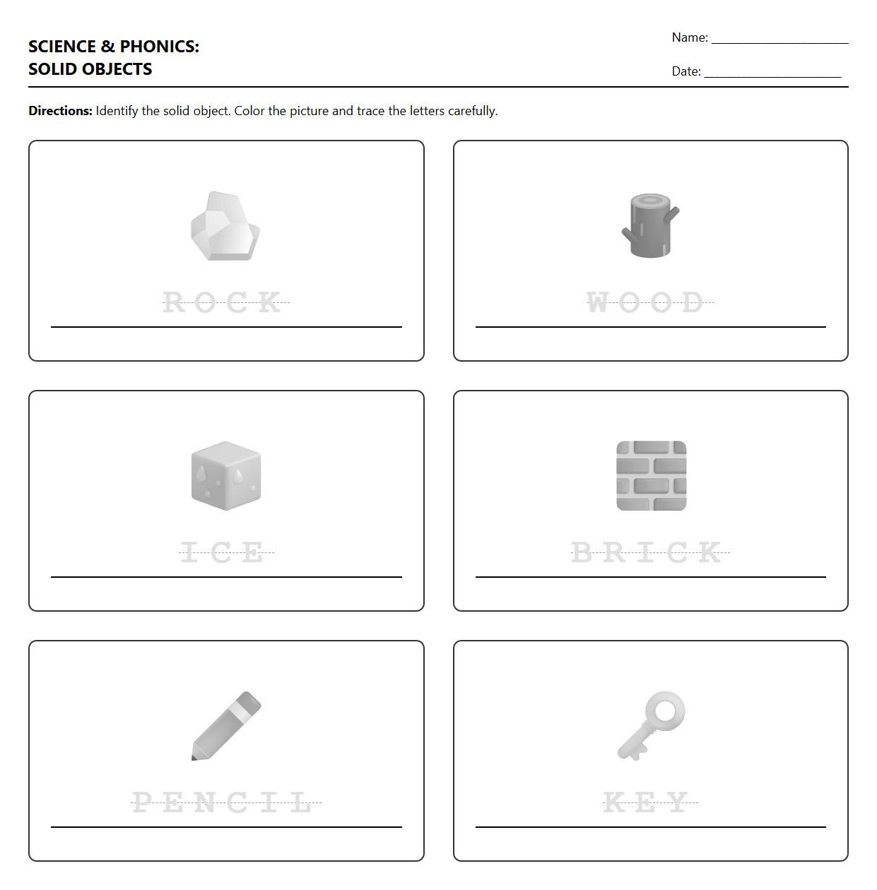 Phonics Trace and Color Solid Objects Worksheet