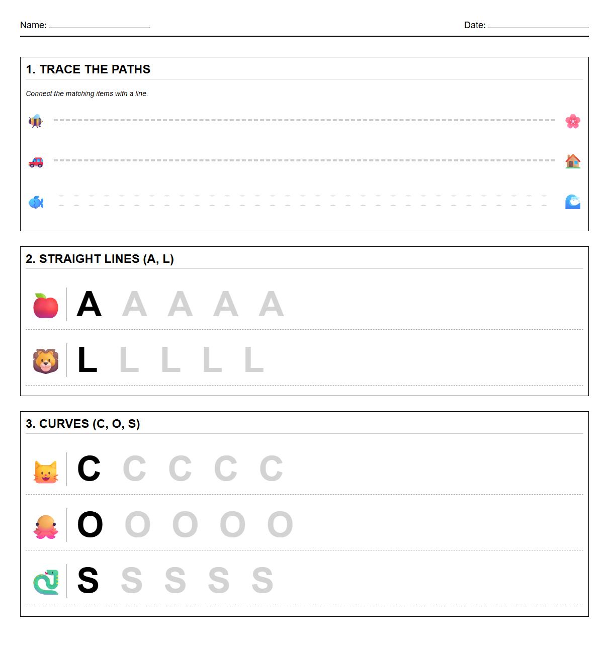 Phonics Tracing Worksheet: Letter Formation with Lines and Curves