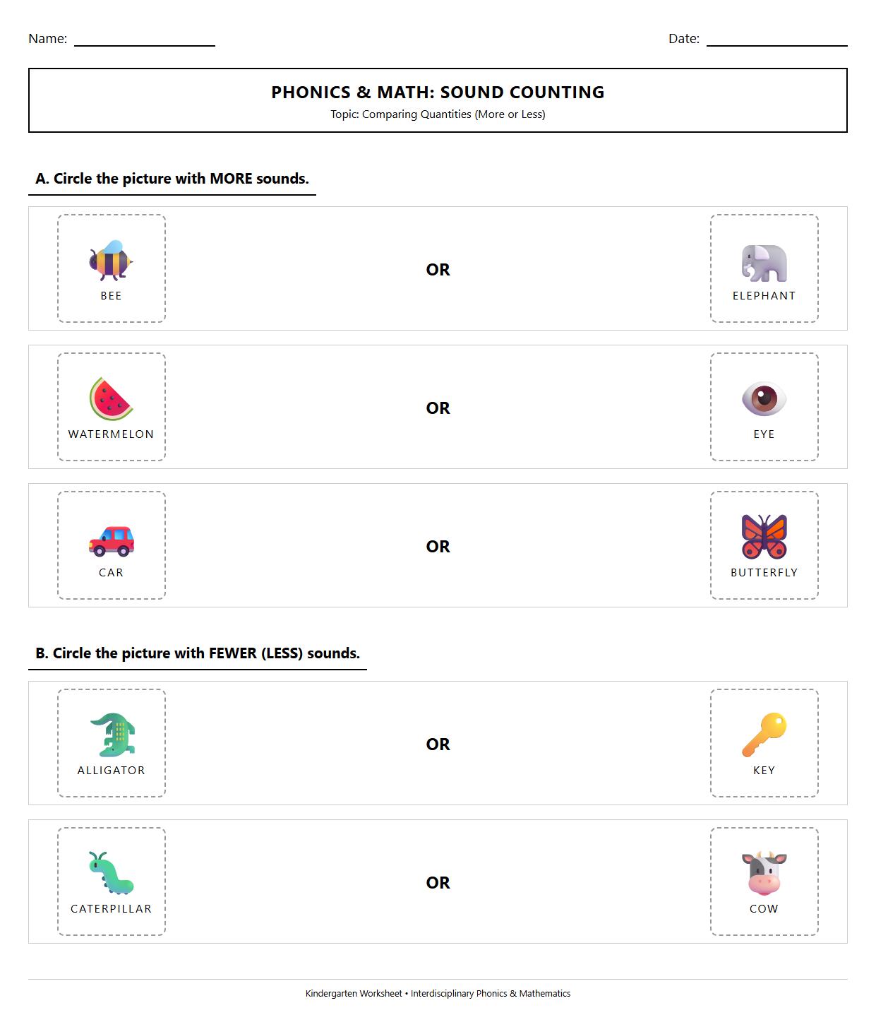 Phonics Worksheet for Encircling More or Less Phoneme Objects