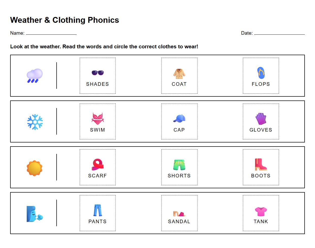 Phonics Worksheet Identifying Clothing Words by Weather Image