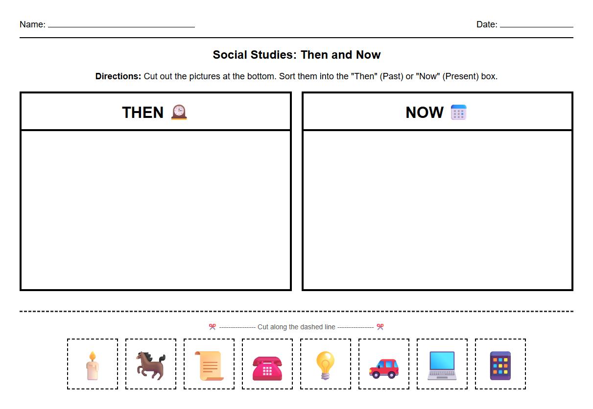Picture sort worksheet using Then and Now vocabulary