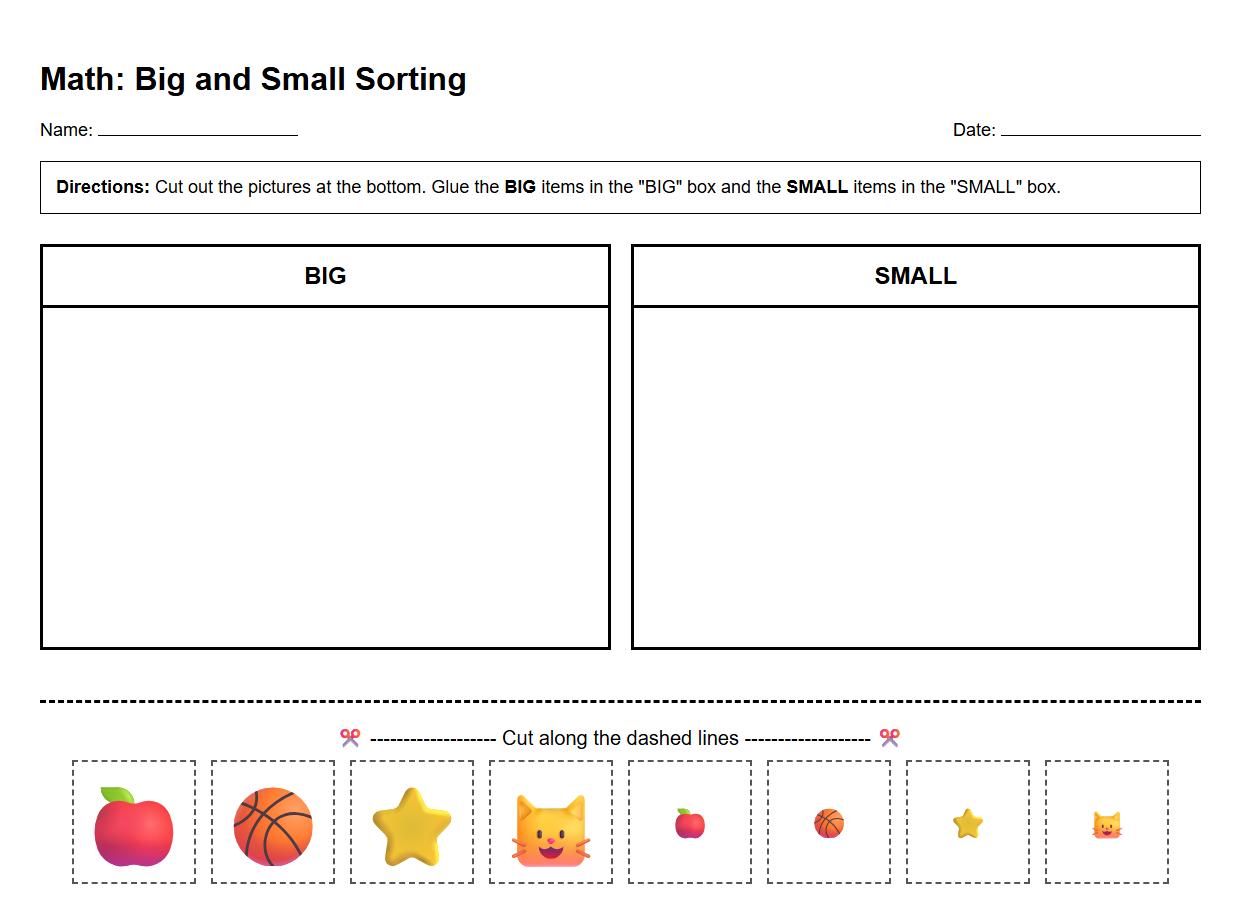 Picture Sorting Worksheet for Big and Small Concepts