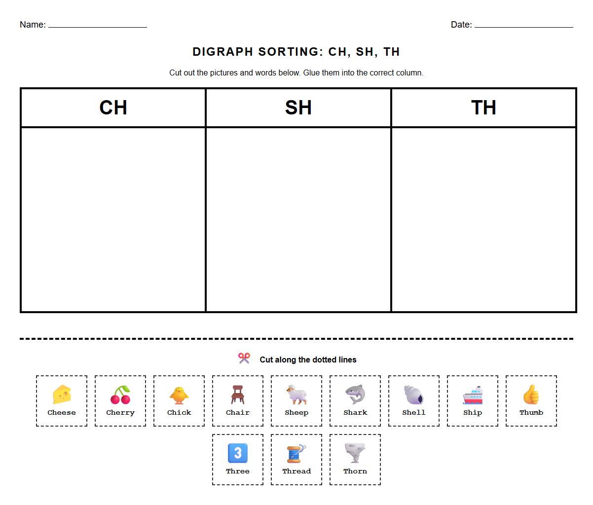 Picture and Word Digraph Sorting Worksheet