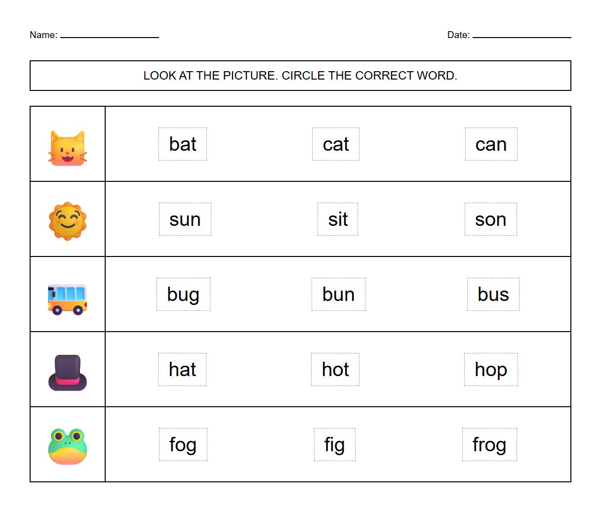 Picture to Word Visual Discrimination Activity