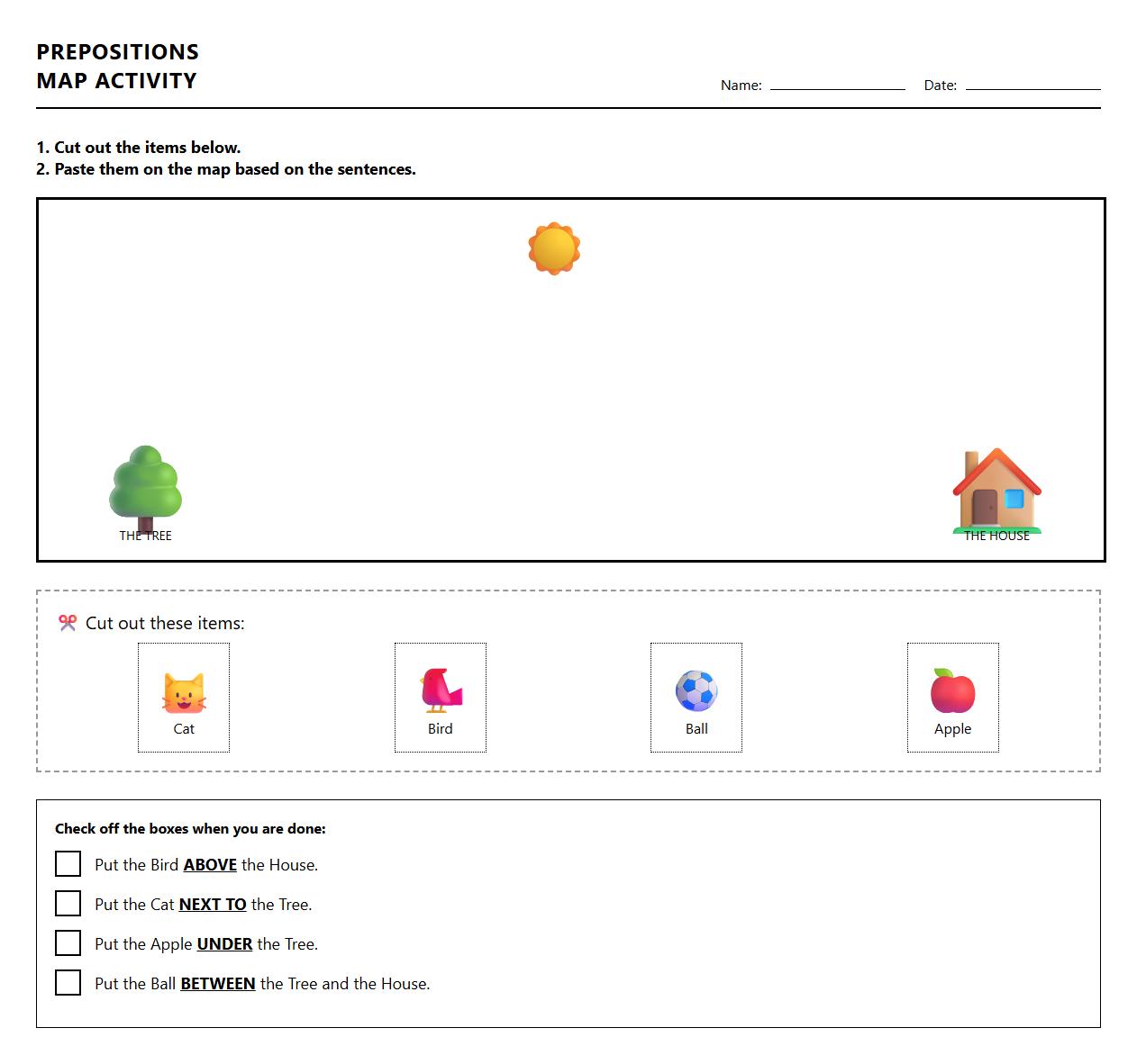 Prepositions of Place Mapping Activity Worksheet