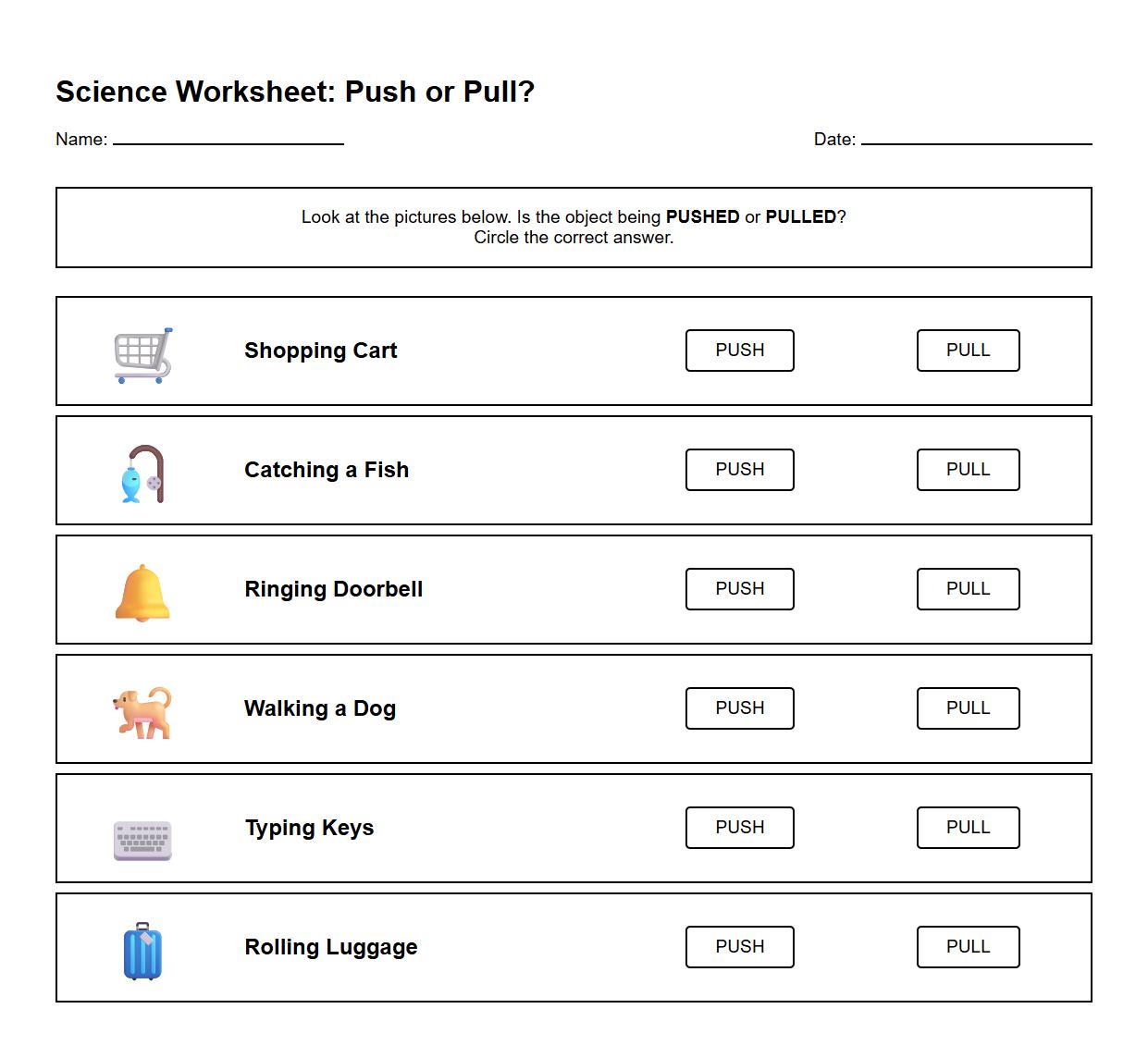 Push and Pull Forces Identification Worksheet