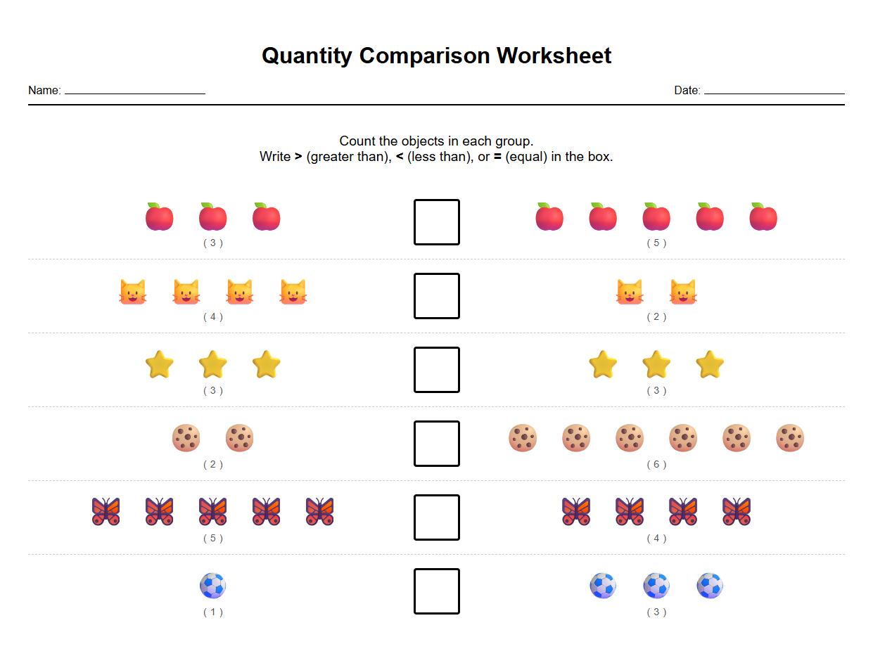 Quantity Comparison Using Greater Than Less Than Worksheet