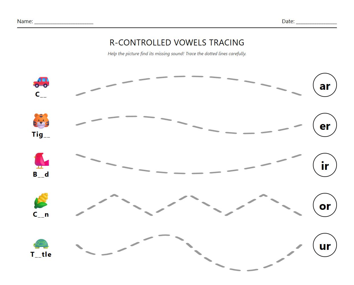 R Controlled Vowel Phonics Curve Tracing Worksheet