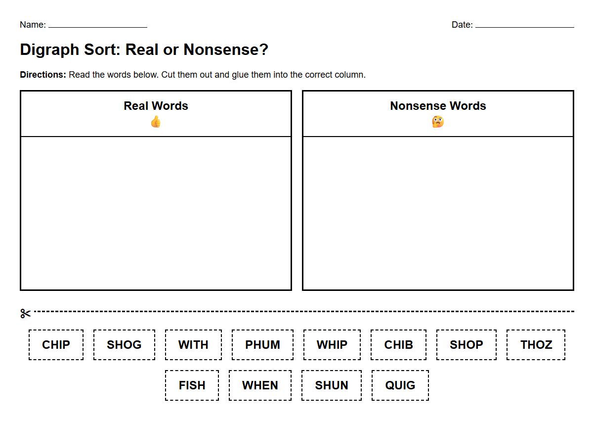 Real and Nonsense Digraph Words Sort