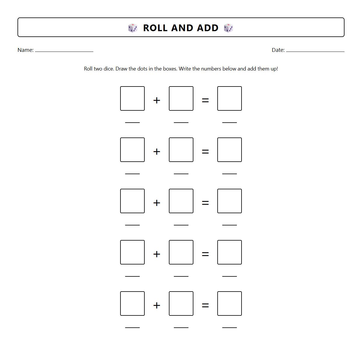 Roll and Add Dice Activity Worksheet