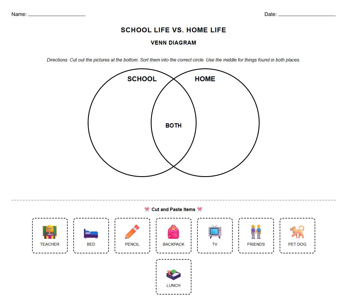 School Life Venn Diagram Worksheet