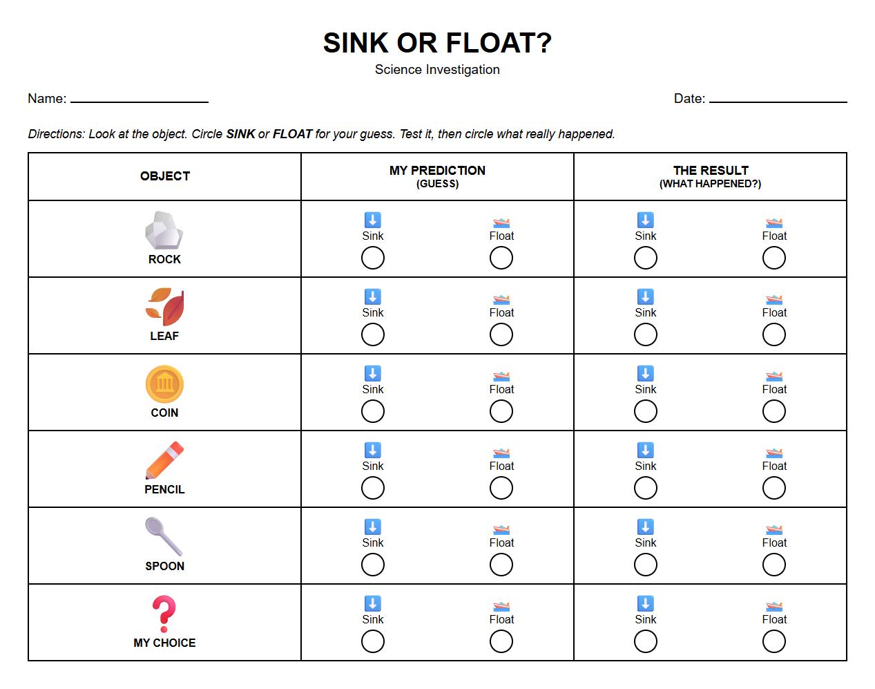 Science Investigation Chart for Sink or Float Predictions