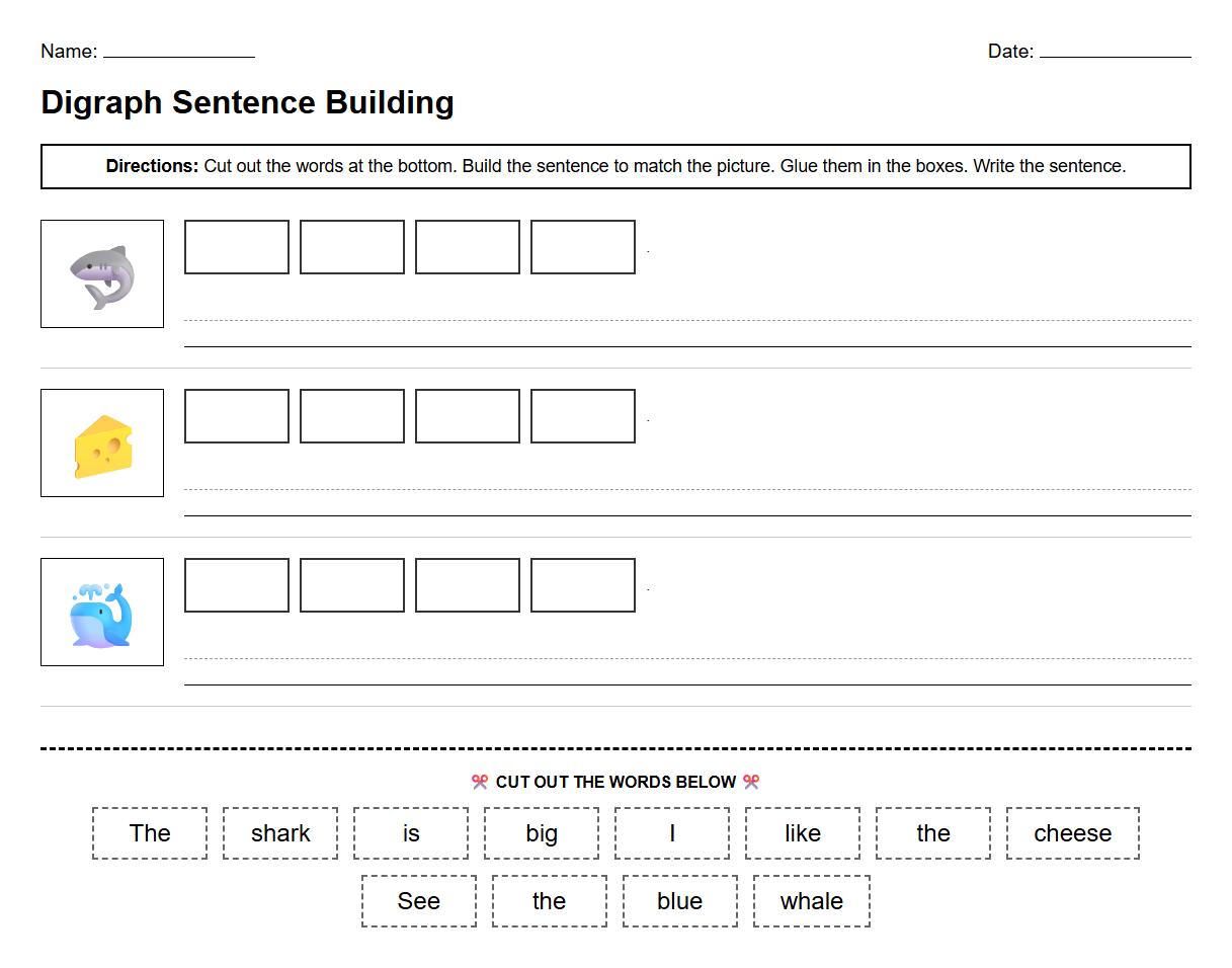 Sentence Building Worksheets Using Digraphs