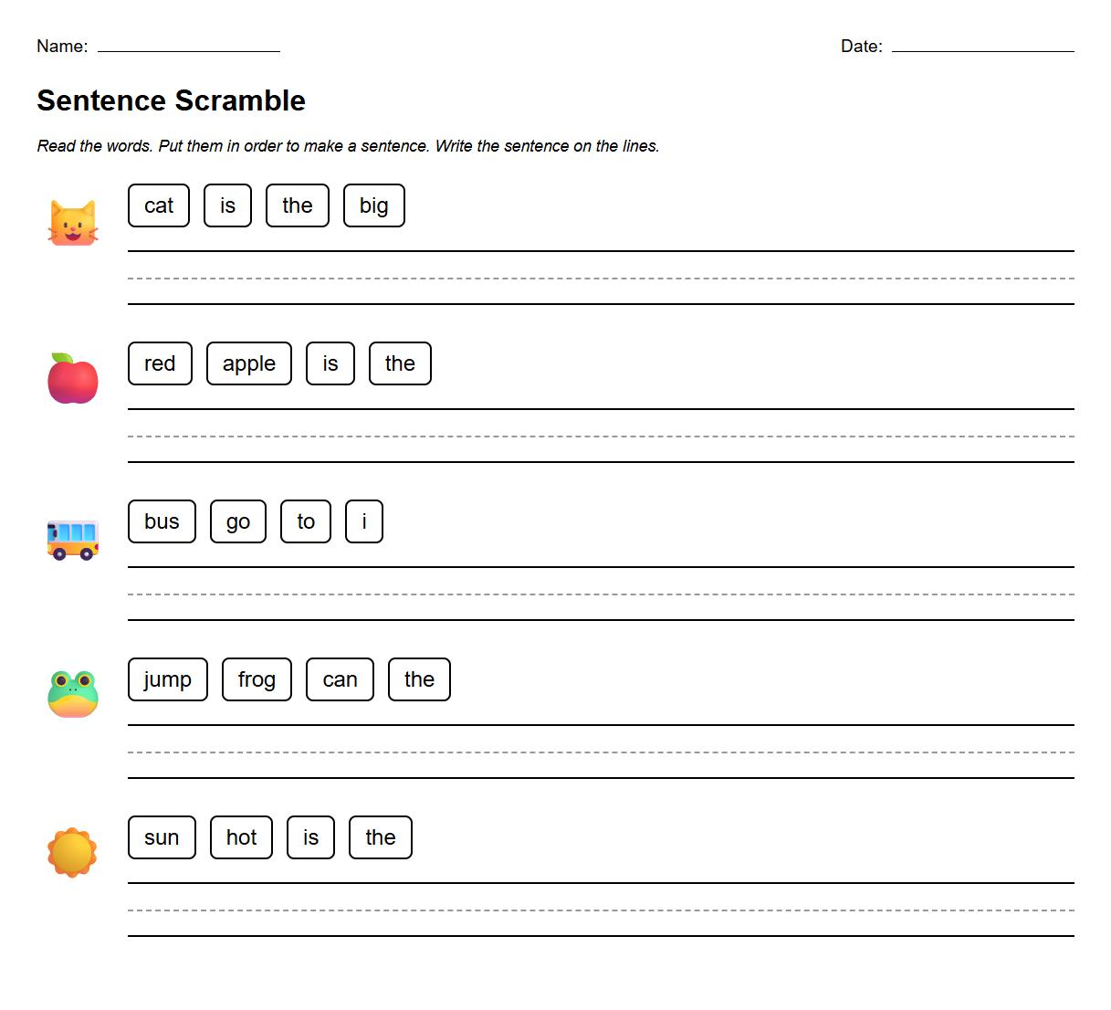 Sentence Scramble worksheets for early sentence construction