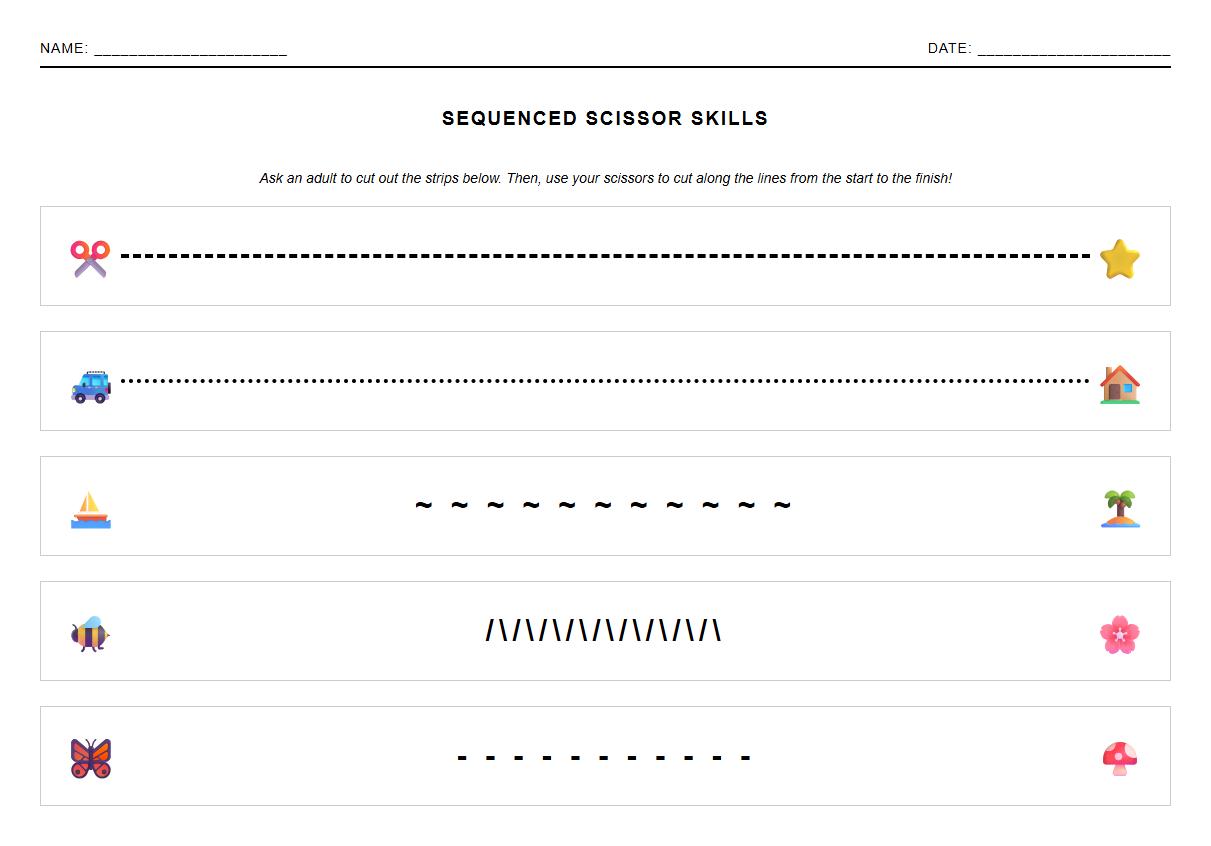 Sequenced Cutting Strips for Scissor Skill Progression