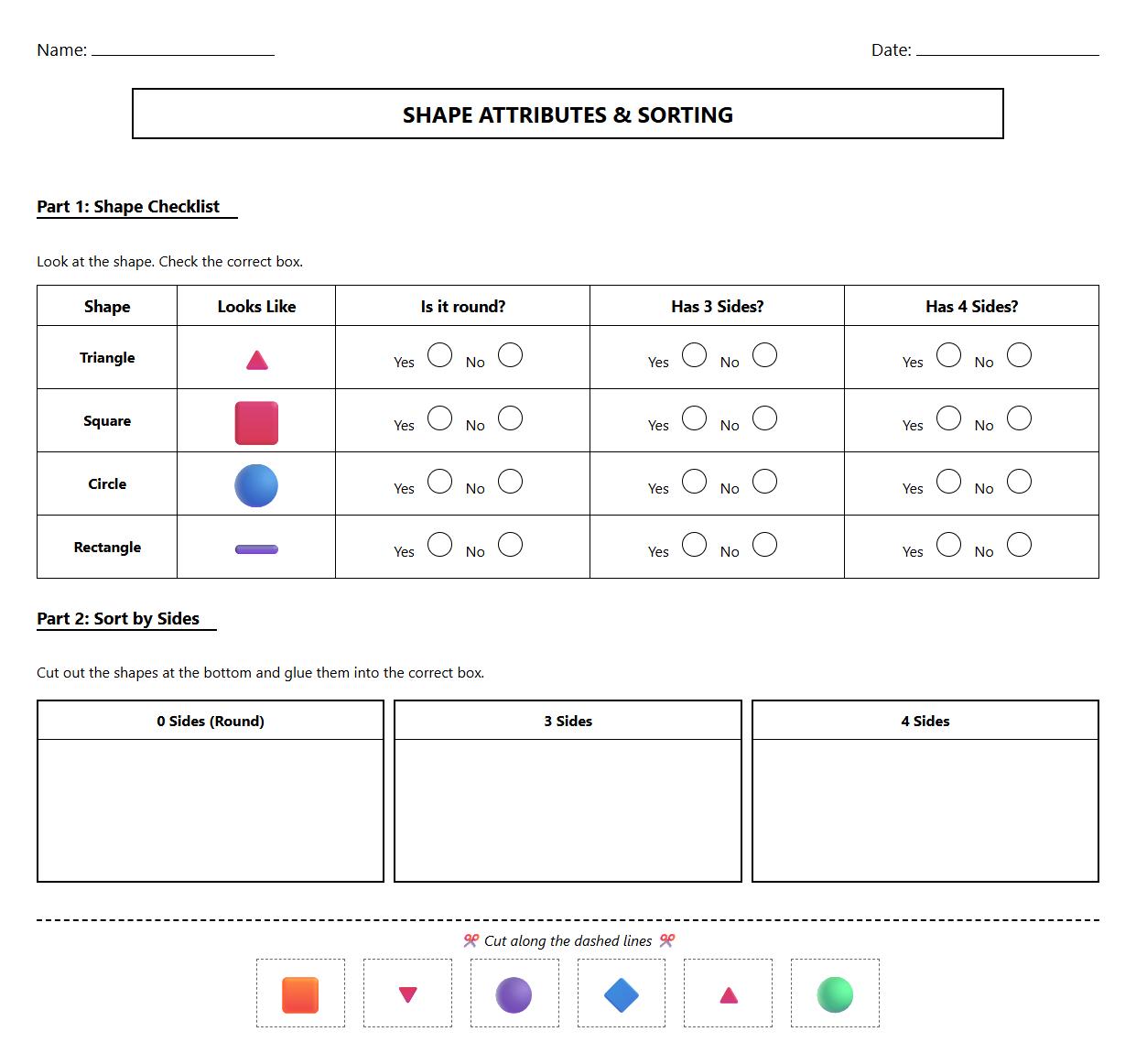 Shape Attributes Comparison Semantic Worksheet with Sorting Shapes by Number of Sides