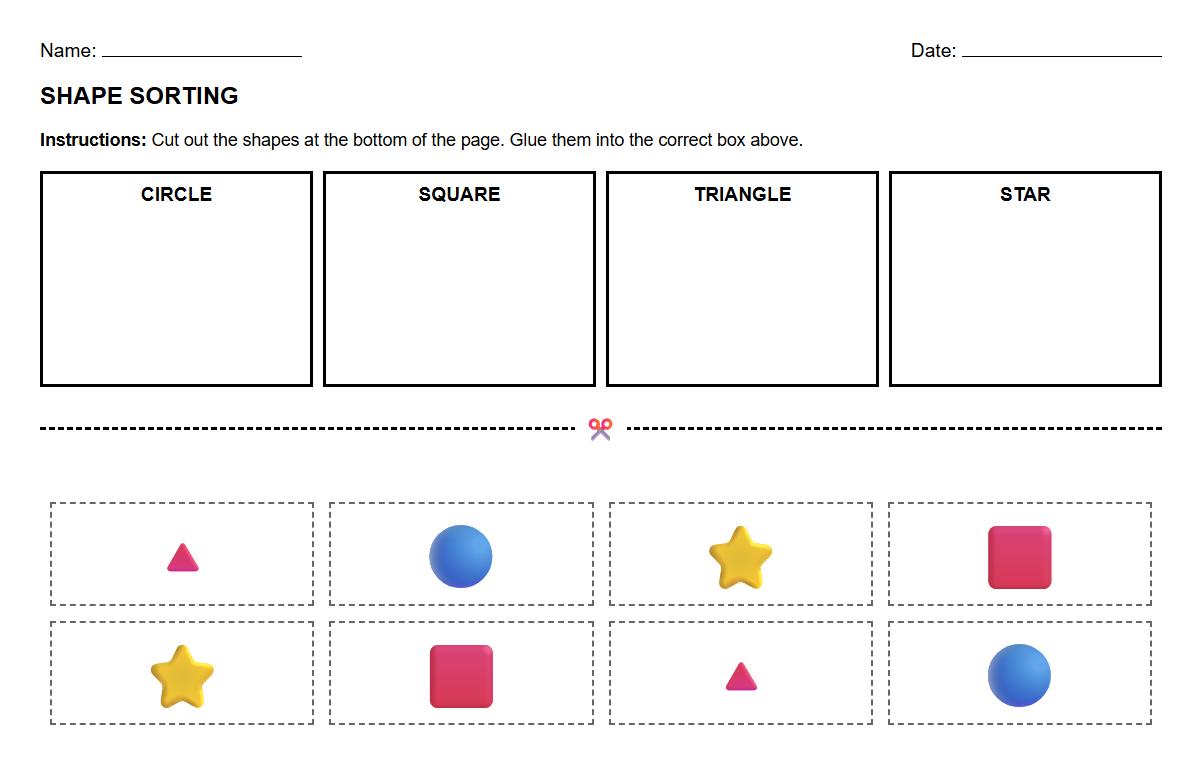 Shape Identification Cut and Sort Practice Sheet