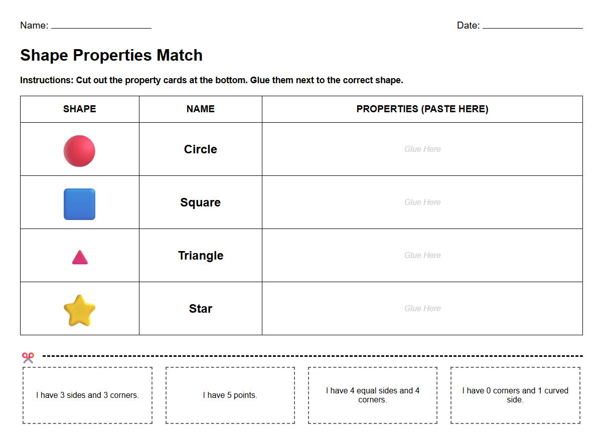 Shape Properties Cut and Match Worksheet