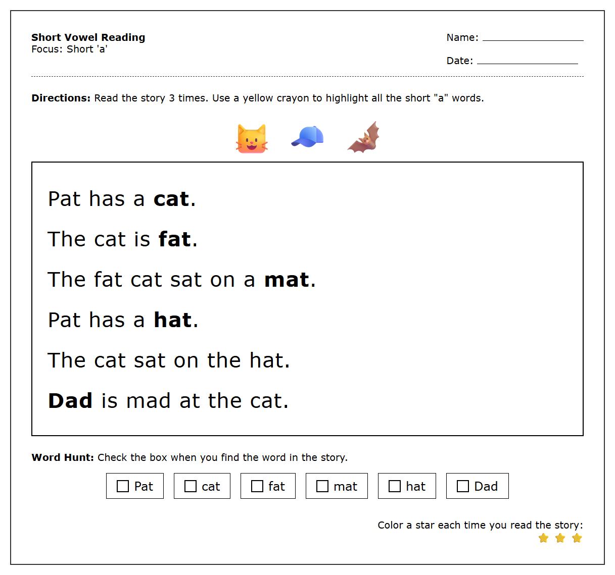 Short Vowel Fluency Reading Passage with Word Highlighting