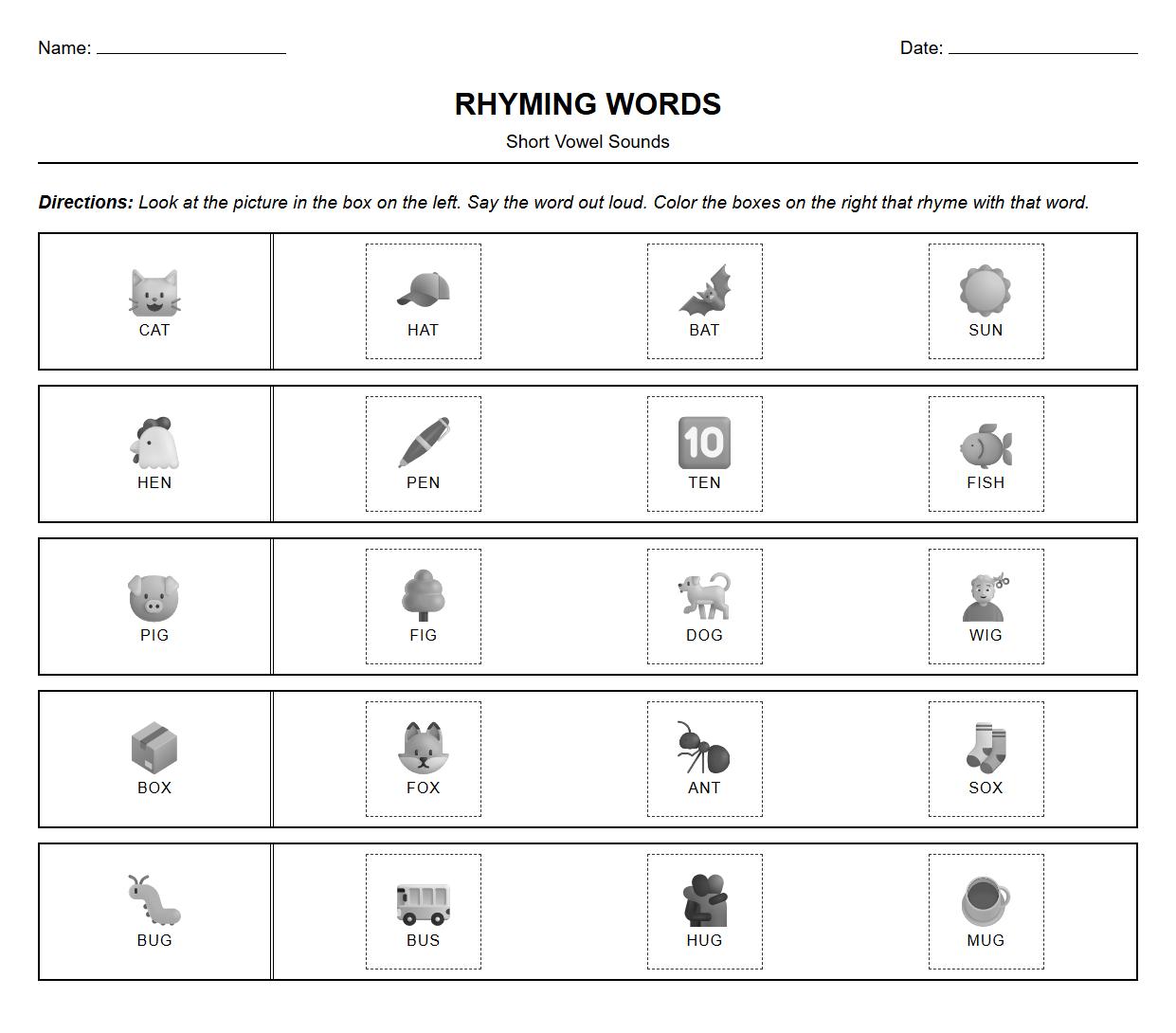 Short Vowel Rhyming Words Coloring Sheet
