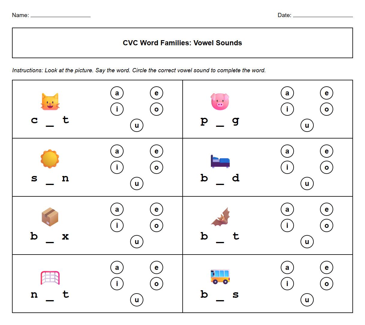 Short vowel sound identification within CVC word families