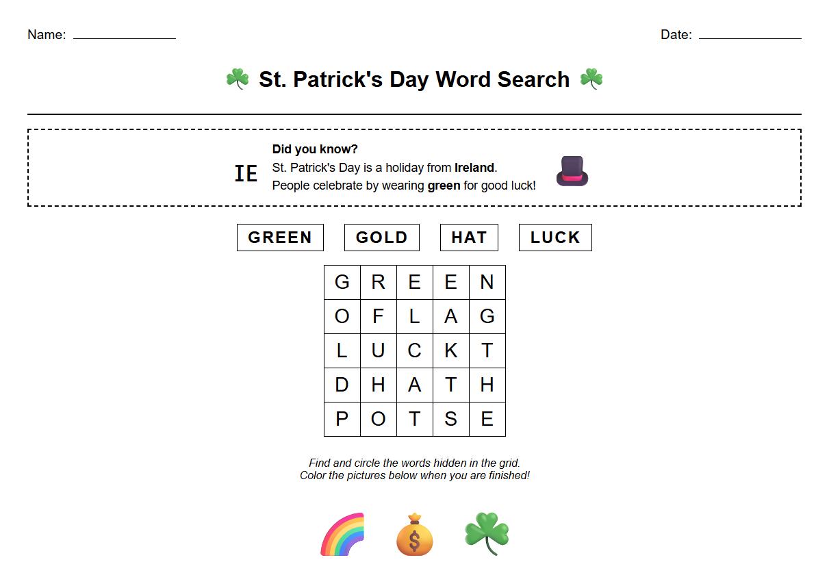 Sight Word Search for Saint Patricks Day with Thematic Context