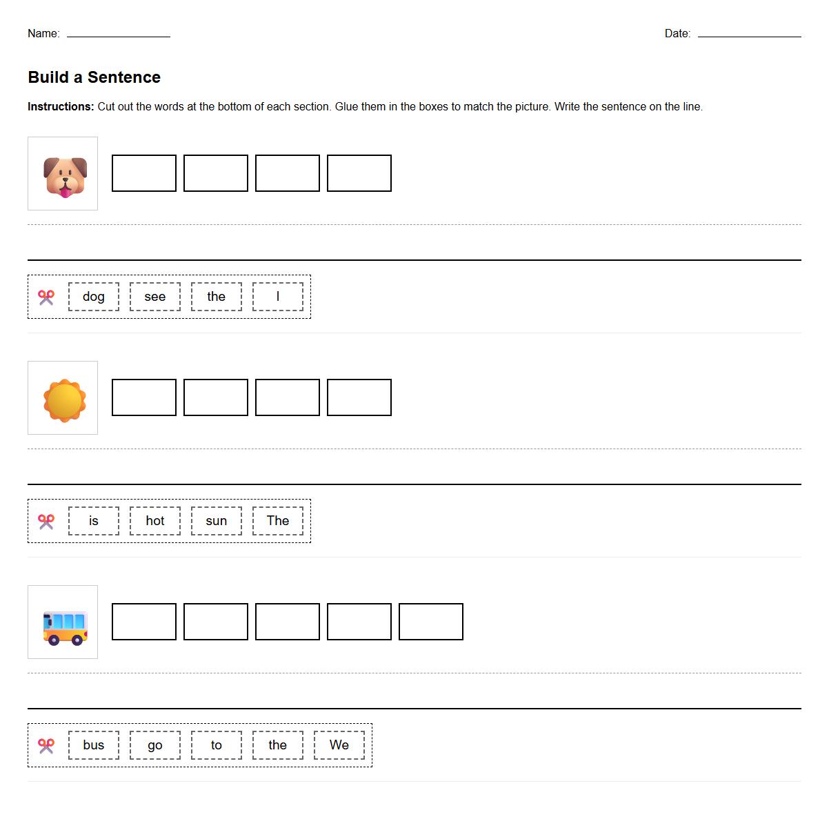 Sight Word Sentence Construction Worksheet