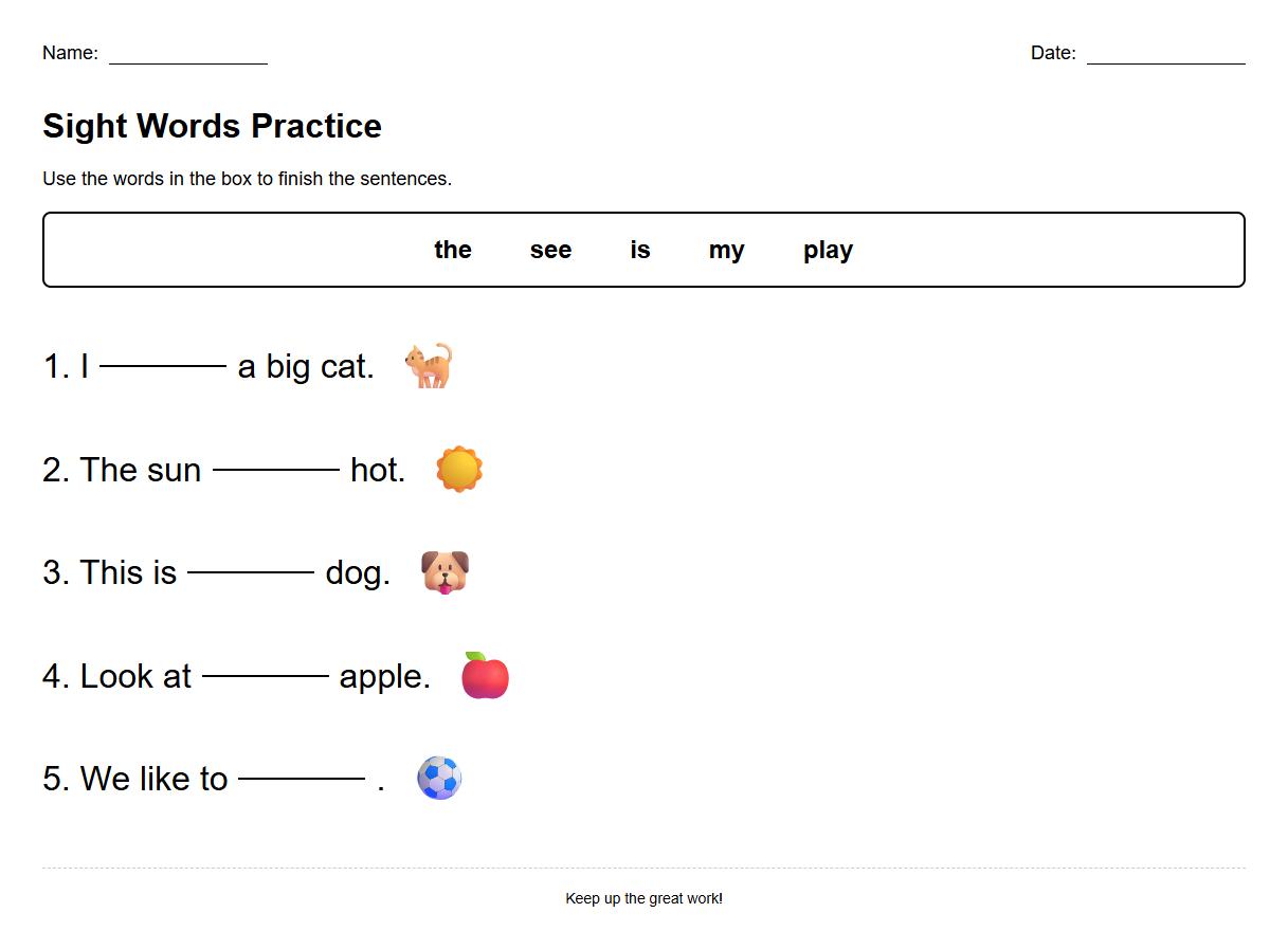 Sight Words sentence fill in the blank activities