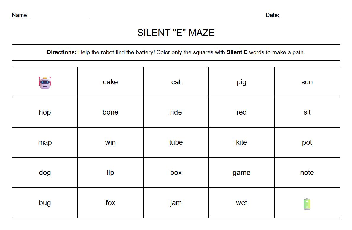 Silent E Phonics Maze Worksheet
