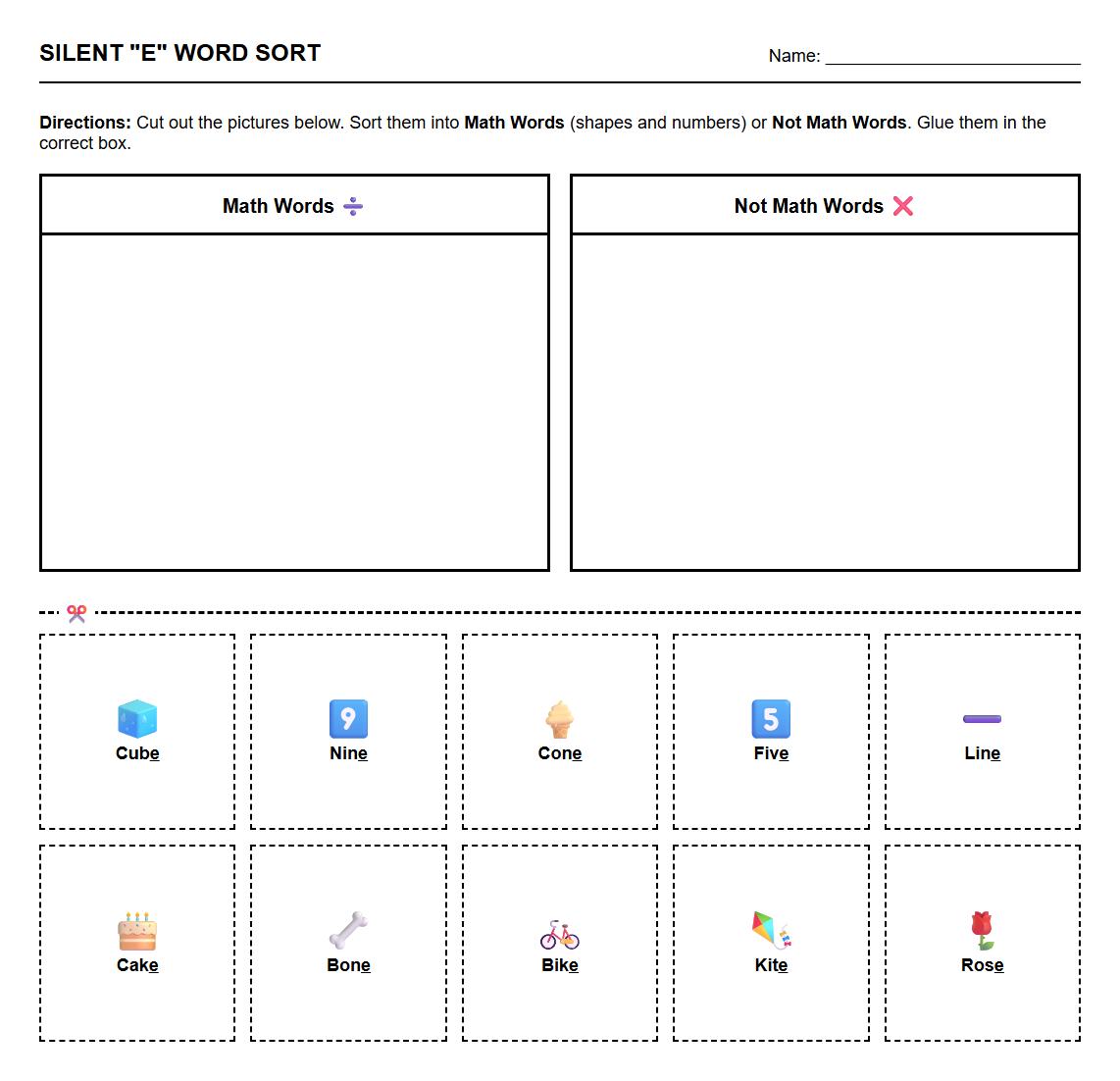 Silent E Word Sort Activity