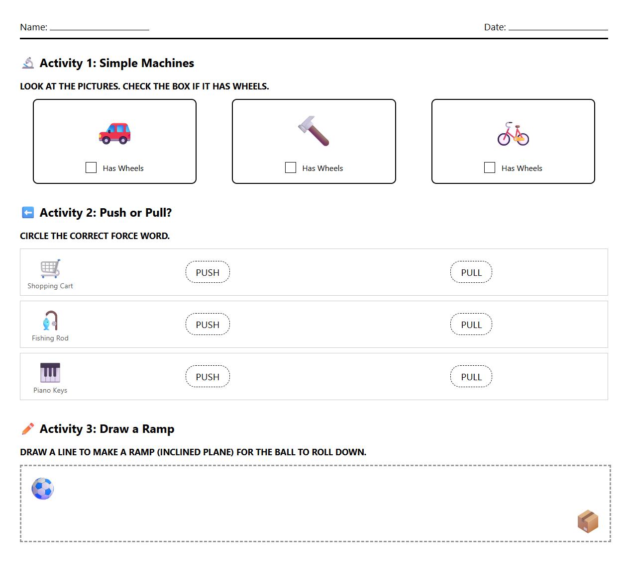 Simple Machines and Directional Force Worksheet