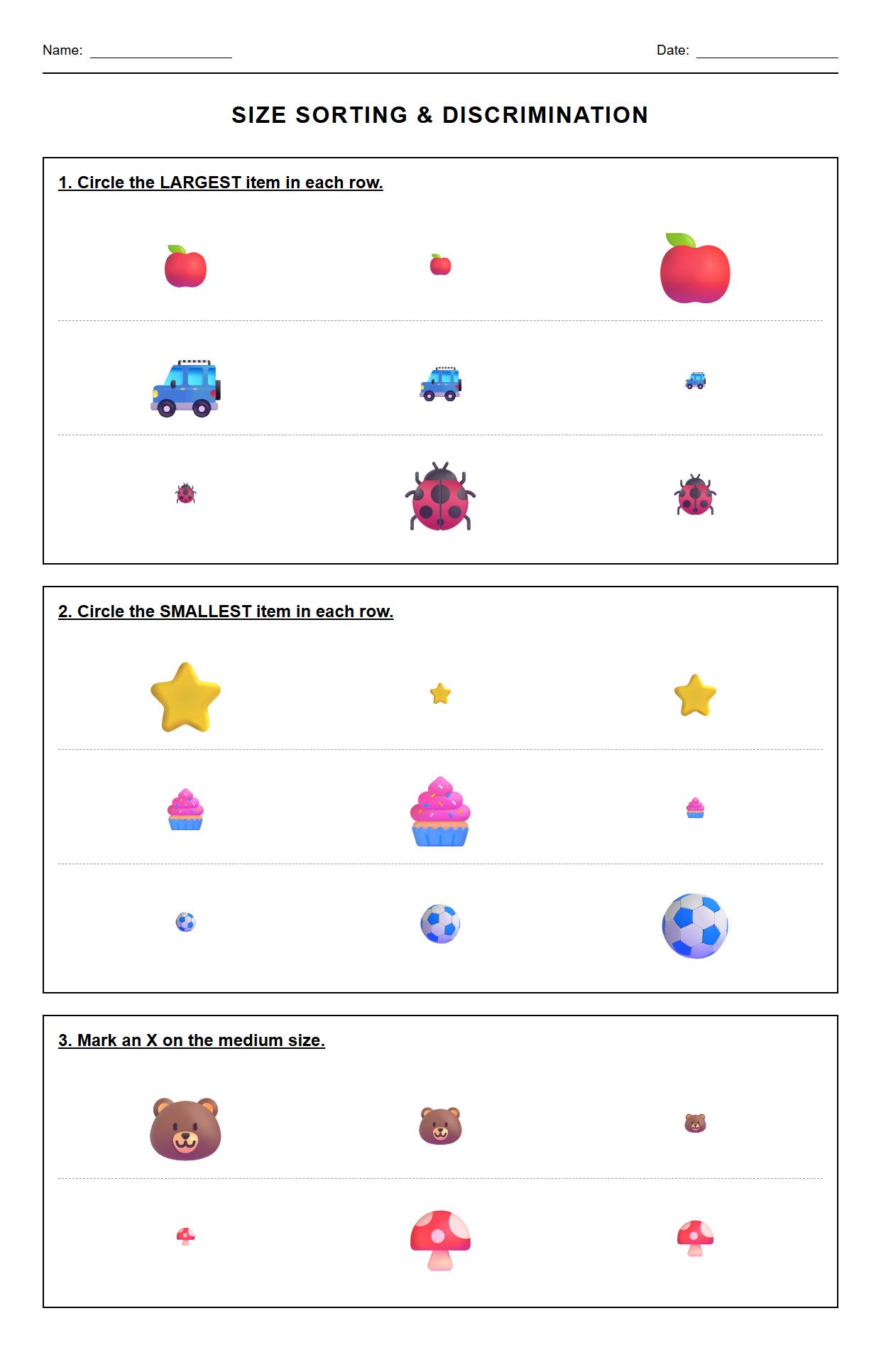 Size Sorting Worksheet for Visual Discrimination