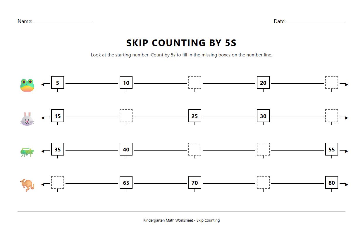 Skip Counting by 5s Starting from Nonzero Base Number Line Worksheet