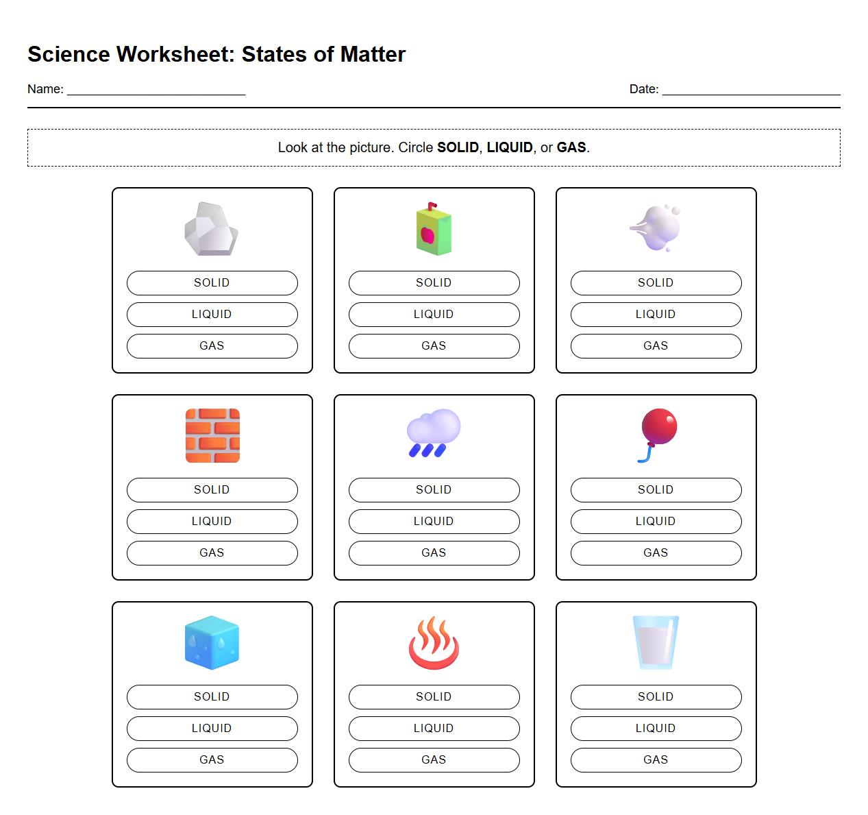 Solid Liquid Gas Identification Worksheets for Kindergarten